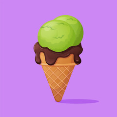 Pistachio ice cream with chocolate. Vector illustration of ice cream in a cone. Chocolate drips. ice cream balls