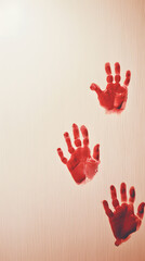 multiple bloody handprints on a white wall