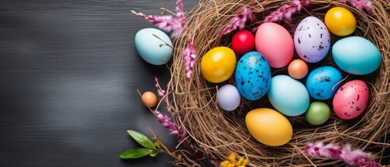 Fototapeta na wymiar Colorful Eggs Nest on Table