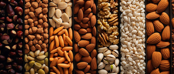 Assorted Nuts and Seeds in a Neat Display Highlighting Variety and Texture - obrazy, fototapety, plakaty