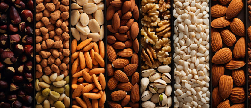 Assorted Nuts and Seeds in a Neat Display Highlighting Variety and Texture