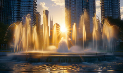 an urban fountain water show with reflective skyscrapers in the background