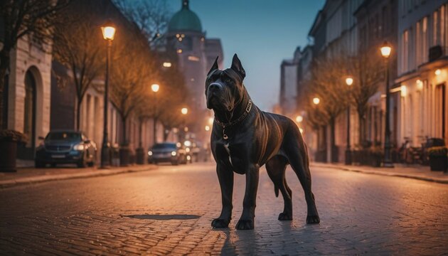 Cane corso, dog at dawn, purebred dog in nature, happy dog, beautiful dog