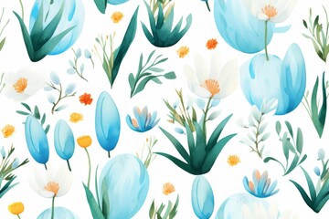 White Background With Blue Flowers and Green Leaves - obrazy, fototapety, plakaty
