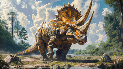 Fototapeta premium The Triceratops dinosaurs in their native habitat during ancient times. 