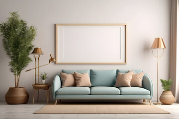 Mockup blank frame on the wall of hipster living room, 3D rendering design, Mockup blank frame on the wall of hipster living room 3D rendering designs.