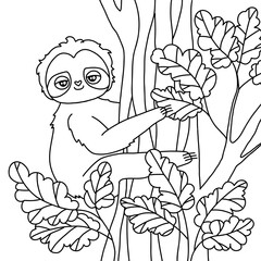 Cute sloth hugs a tree. Colouring page for kids. Ready to print black and white outline vector illustration. 