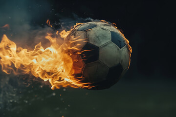 Football ball flying in flames on a dark background