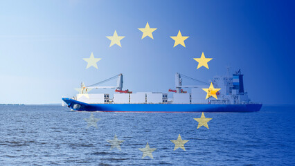 Transport cargo ship on the background of the flag of the European Union, Concept of cargo transportation by sea to the European Union