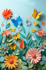 Fototapeta premium Artistic display of paper flowers and butterflies on aqua background