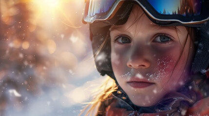 Smiling child with ski helmet and goggles on a blurry snowy landscape. Winter holidays, skiing, fun and sports for children.