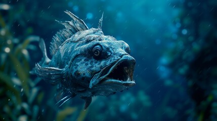 Angler fish on background of dark blue water realistic illustration art. Scary deep-sea fish predator In the depths of the ocean. Place for text.