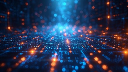 Technology-themed graphic design material with blue lines and yellow spots, brightly lit, isolated blue and yellow neon effects on a black background. Created with Generative AI.