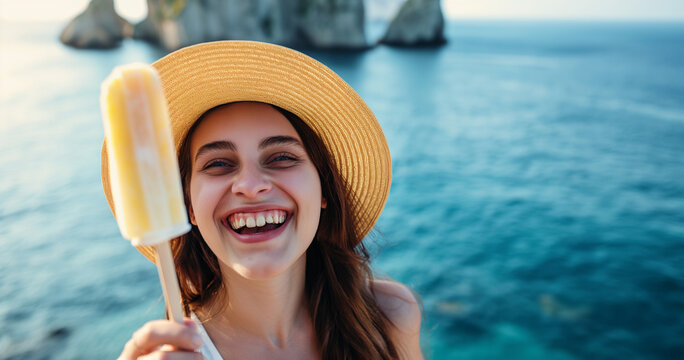 mulher jovem feliz com chapéu de palha e óculos escuros tomando sorvete na praia