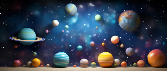 Fototapeta premium Cosmic Alignment of Vibrant Watercolor Planets in a Starry Space