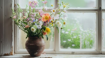 Colorful Mixed Flowers in Rustic Clay Vase on Windowsill AI Generated.