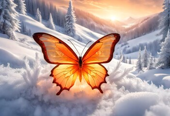Butterfly in winter forest  - obrazy, fototapety, plakaty