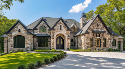 Fototapeta na wymiar Brick and stone accents adorn the front of this home with hidden doors that seamlessly integrate into the design adding to the overall charm and elegance.
