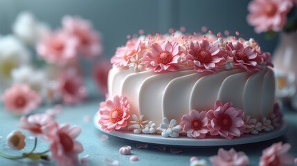 a close up of a cake on a plate with pink flowers on the top of the cake and on the bottom of the cake.