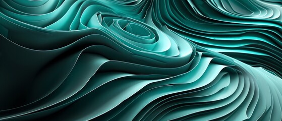 Obraz premium Abstract realistic 3d texture in the form of emerald-colored wave layers on black background. Dynamic abstract lines, suitable as wallpaper and background. Created with Generative AI.