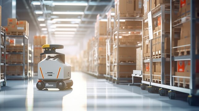 Modern robots working in a spacious warehouse.