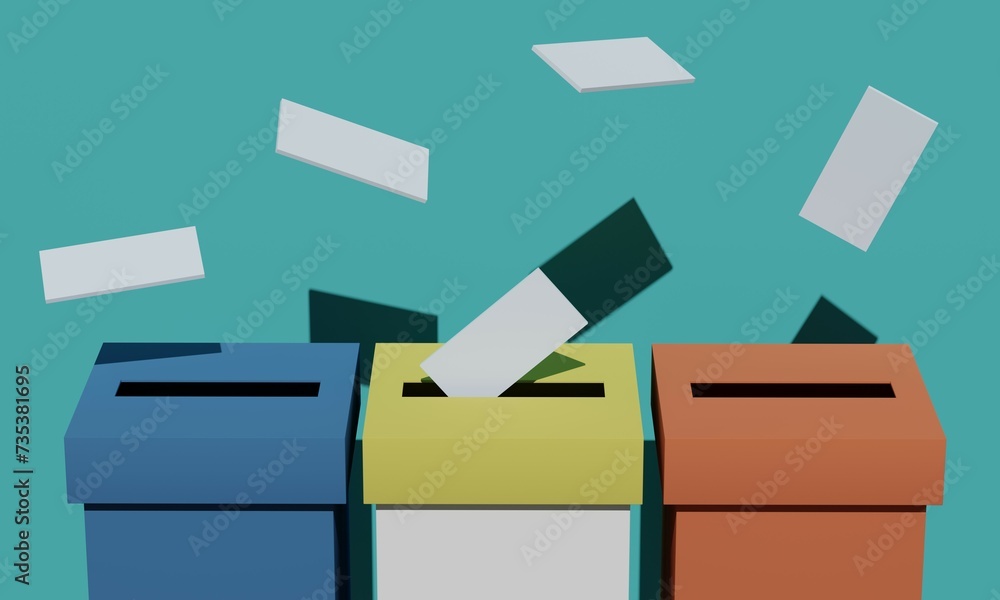 Poster voting boxes with falling paper forms. 3d rendering