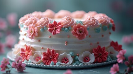 a close up of a cake on a plate with pink and blue frosting flowers on the top of it.