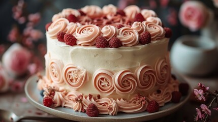 a close up of a cake with frosting and raspberries on a plate with flowers in the background.