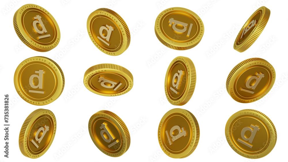 Fototapete 3d rendering of set of abstract golden vietnamese dong coins concept in different angles. dong sign 