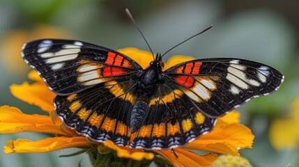 a close up of a butterfly on a flower with yellow flowers in the foreground and a blurry background.