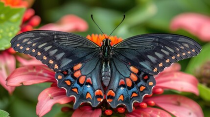 a close up of a butterfly on a flower with other flowers in the background and a blurry sky in the background.