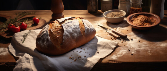 Artisanal Bread on Wooden Table with Ingredients and Warm Light