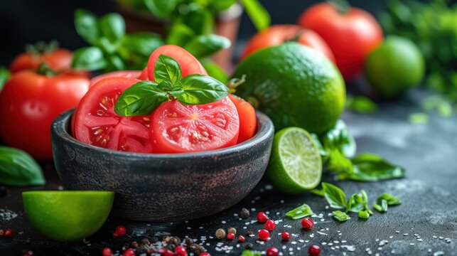 a bowl filled with tomatoes and limes next to a pile of pepper and limes on a black surface.