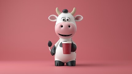 a cow with a cup of coffee in it's hand, standing in front of a pink background with a pink background.