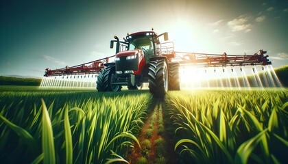 A red tractor with a sprayer attachment is working in a lush green field under a vibrant blue sky with the sun setting in the background.

 - obrazy, fototapety, plakaty