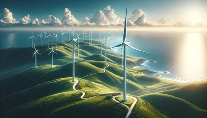 Papier Peint photo Vert bleu The image portrays a serene landscape with rolling green hills dotted with numerous wind turbines near a coastline, under a sky with scattered clouds illuminated by sunlight.  