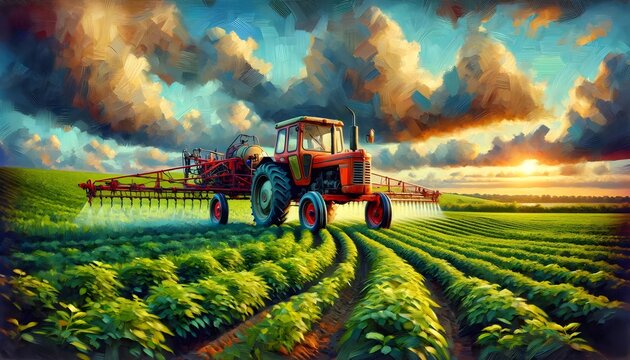 This image depicts a vibrant painting of a red and blue tractor spraying crops in a lush green field, under a dramatic, brushstroke-heavy sky at sunset.

