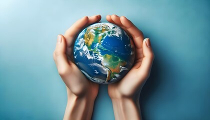 Two hands gently cradle a realistically detailed miniature Earth against a solid light blue background.

