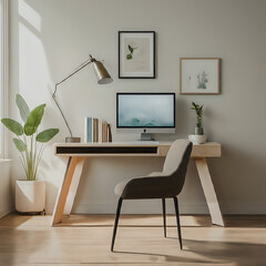 Home workspace with a computer desk and plants and lamps.