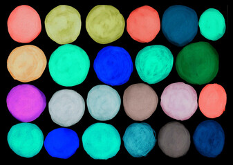 Set of watercolor circles of blue, green, red, brown, mustard, mint colors isolated on black background - 735382682