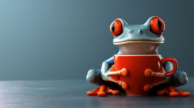 a red eyed frog sitting on top of a red cup with its legs crossed and eyes wide open, sitting on a table.