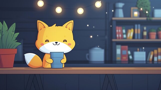 a cartoon fox sitting on a table next to a potted plant and a potted plant in front of a bookshelf.