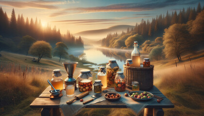 Tranquil landscape with rustic table showcasing homemade preserves and canning tools.