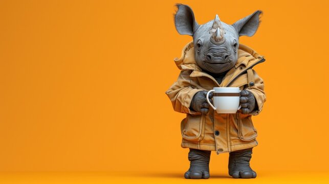 a statue of a rhinoceros wearing a coat and holding a coffee cup in front of an orange background.