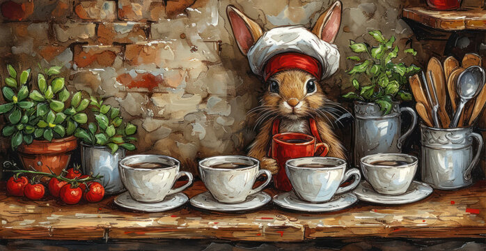a painting of a rabbit in a chef's hat sitting at a table with coffee cups and utensils.