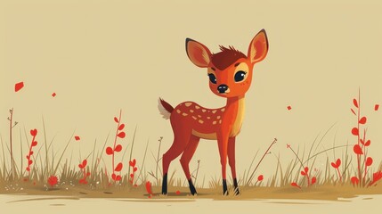 a little deer standing in the middle of a field with red flowers on it's back and a yellow sky in the background.