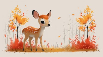 a painting of a fawn standing in a field of grass with trees in the background and leaves blowing in the wind.