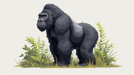 an illustration of a gorilla standing in a field of tall green grass and grass with a white background behind it.
