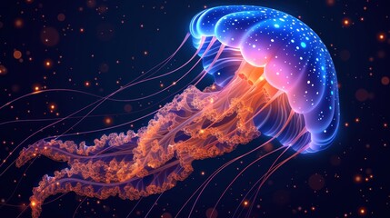 a close up of a jellyfish in a blue and orange background with a lot of stars in the sky.