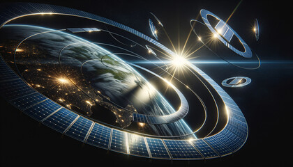 Cutting-edge space-based solar power array orbiting Earth, showcasing sustainable innovation.